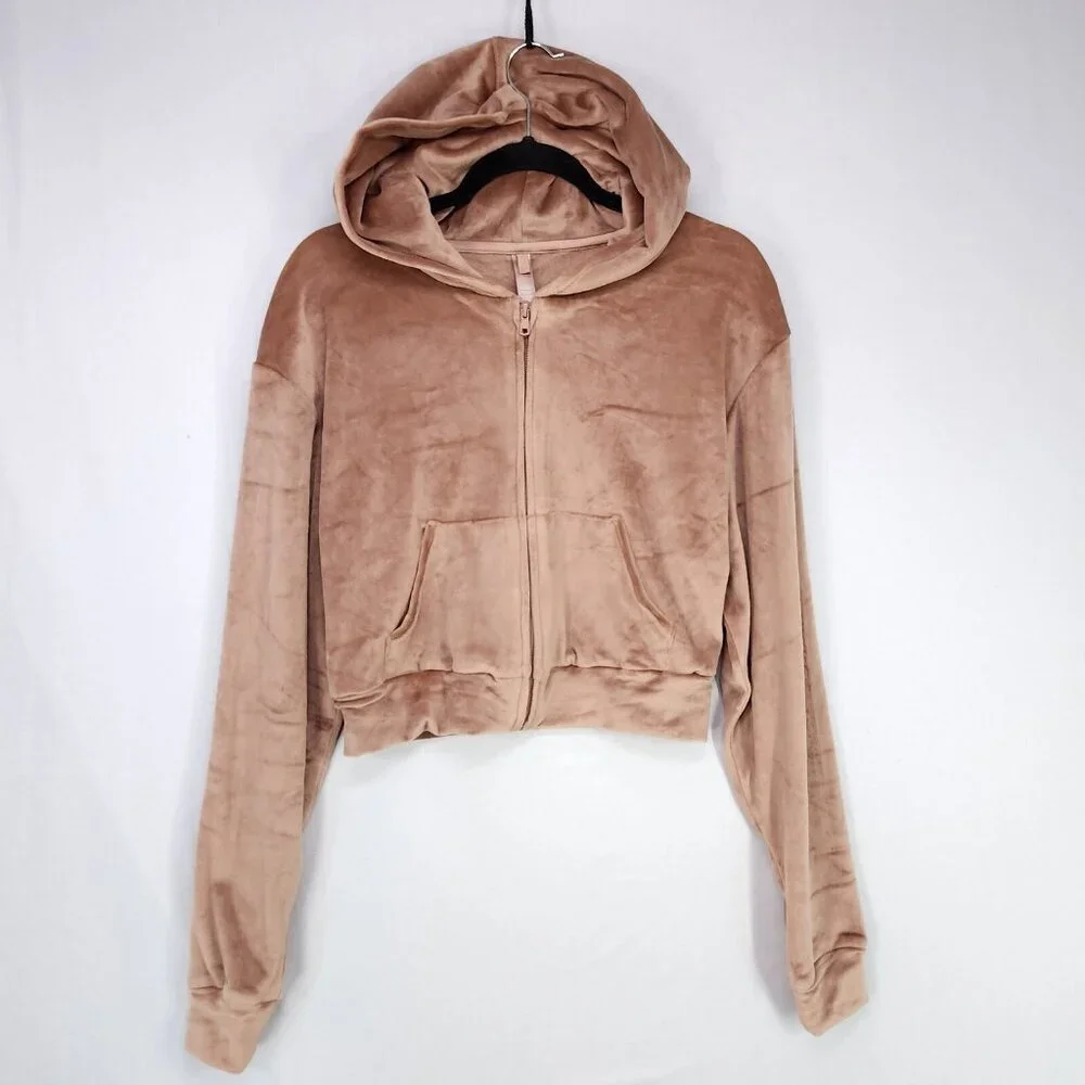 Skims Cropped Velour Hoodie Sweater Size Medium Comfy Super Soft Full Zip
